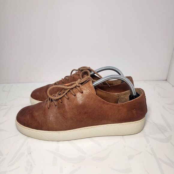 Frye Webster Leather Sneakers Low Cognac Lace Up Women Size 10M - Picture 4 of 10